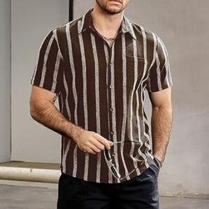 Mens Summer Striped Button Down Short Sleeve Hawaiian Shirt Brown